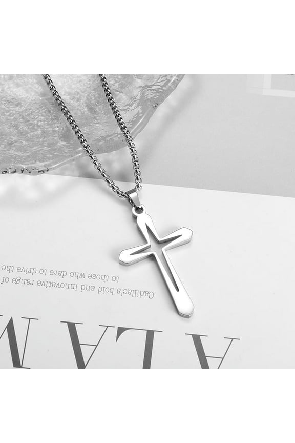 Unisex Stainless Steel Hollow Double Cross Pendant Necklace Christian Prayer Men And Women Religious Amulet Decoration Jewelry Luxury With You Accessories Trendy Best For Gift