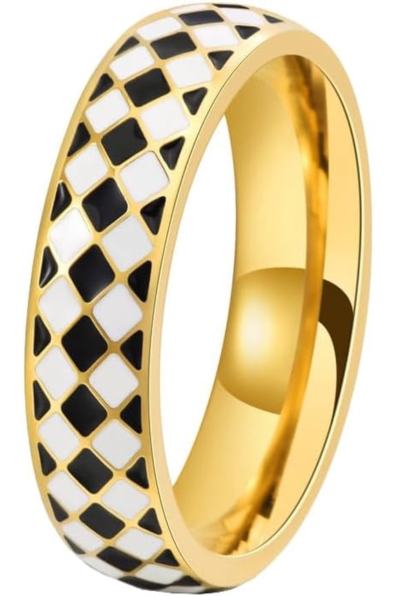Unisex Stainless Steel Modern Elegant 6mm Thin Irregular Grid Black and White Checkerboard Pattern Stackable Signet Ring