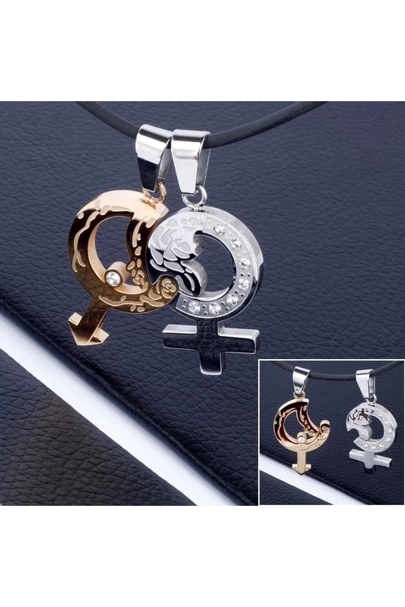 Unisex Stainless Steel Pendant Necklace Silver Gold Couples Stone Love L81