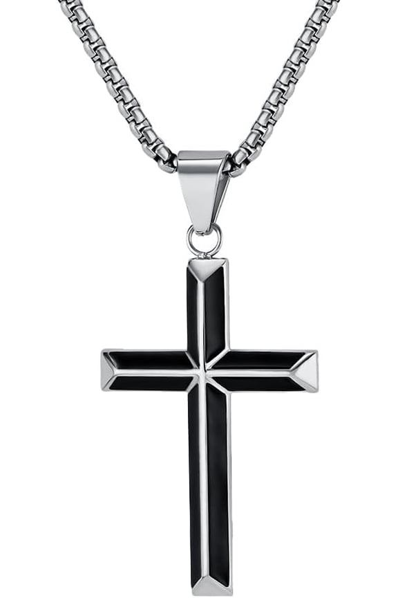 Unisex Stainless Steel Personality Hip Hop Punk Rhomboids Cut Inclined Plane Cross Biker Crucifix Necklace