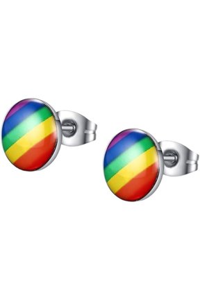 Unisex Stainless Steel Rainbow Diagonal Stripe Enamel Stud Earring | Round Dome Epoxy Coating, Butterfly Back, Pride Symbol Pin, Minimalist Jewelry, Rainbow Pride Stud Earrings for LGBTQ,