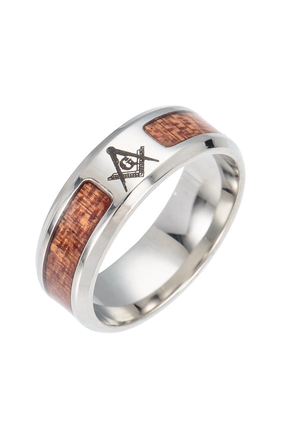 Unisex Stainless Steel Ring Wood Inlay Tree Of Life Cross Skull Freemason Design Half Circle Gift Travel Bonus