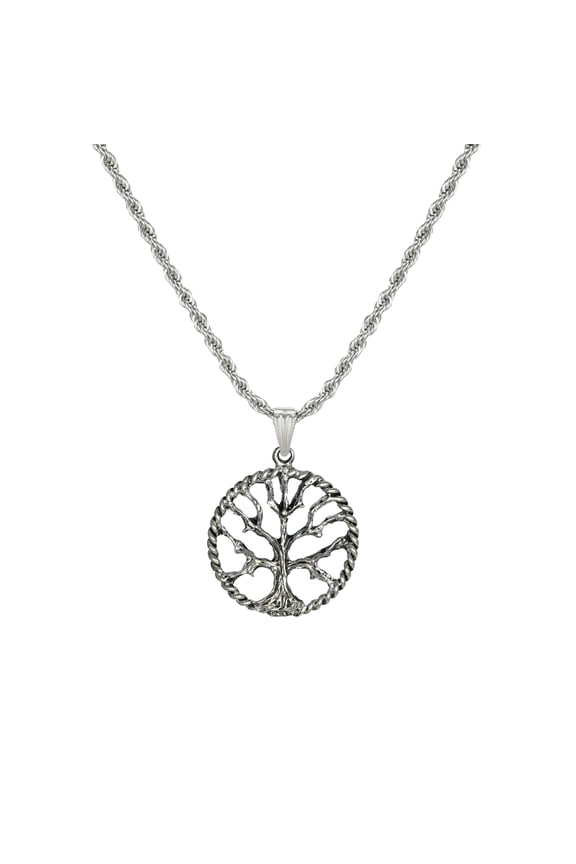 Unisex Stainless Steel Rope Chain with Intricate Pewter Tree of Life Pendant 19 inches