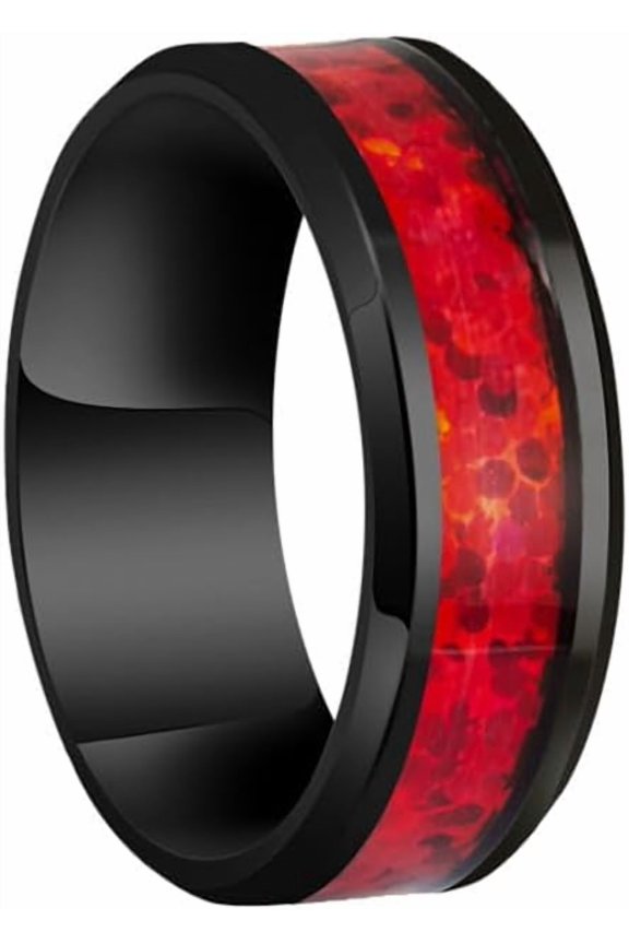 Unisex Stainless Steel Simple Dainty Thin Red Imitation Opal Stacking Matching Couple Ring Beveled Edges