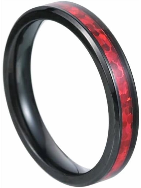 Unisex Stainless Steel Simple Dainty Thin Red Imitation Opal Stacking Matching Couple Ring Beveled Edges