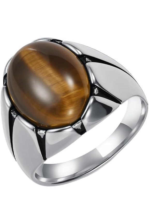 Unisex Stainless Steel Vintage Classic Punk Crack Pattern Simple Flower Shaped Oval Gemstone Signet Ring Comfort Fit