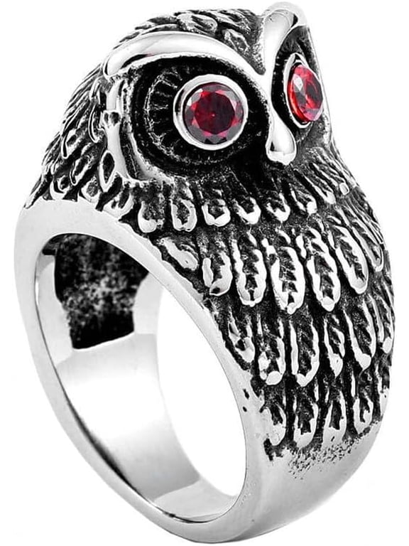 Unisex Stainless Steel Vintage Gothic Hip Hop Demon Bloody Red Eye Owl Head Biker Ring Personalized Punk Skull Animal Charm