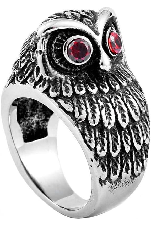 Unisex Stainless Steel Vintage Gothic Hip Hop Demon Bloody Red Eye Owl Head Biker Ring Personalized Punk Skull Animal Charm