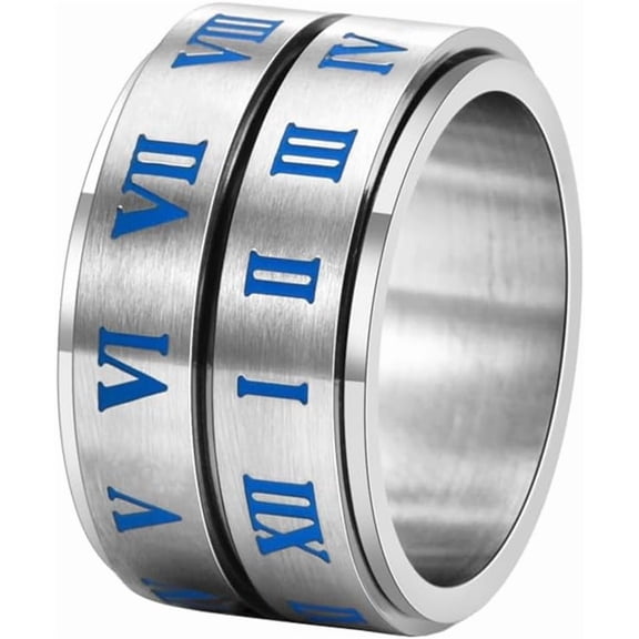 Unisex Stainless Steel Vintage Luminous Glow 2 Floors Roman Numerals Blue Numbers Rotatable Ring Anxiety Fidget Band