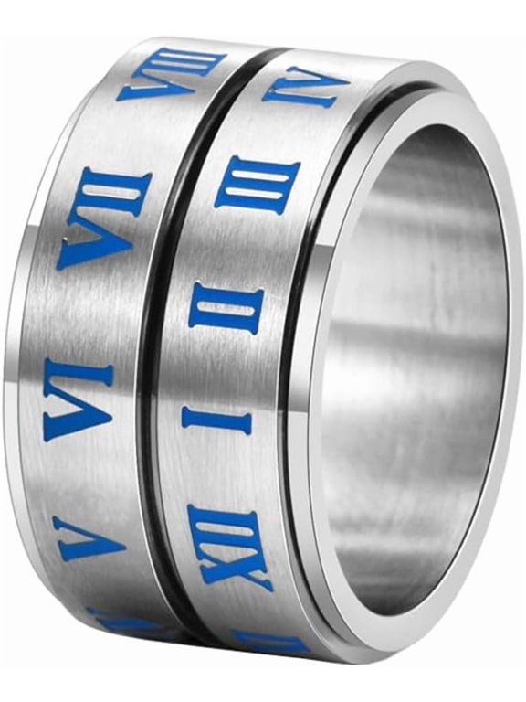 Unisex Stainless Steel Vintage Luminous Glow 2 Floors Roman Numerals Blue Numbers Rotatable Ring Anxiety Fidget Band