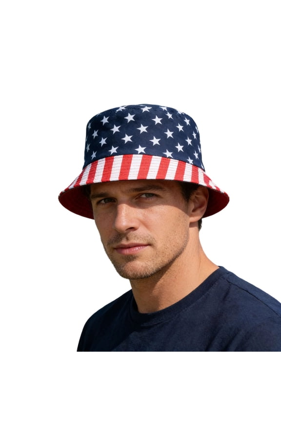 Unisex Star Print Bucket Hat for Men Women, Patriotic Stars and Stripes Sun Hat, Packable Summer Beach Fisherman Hat for Independence Day & Outdoor Travel