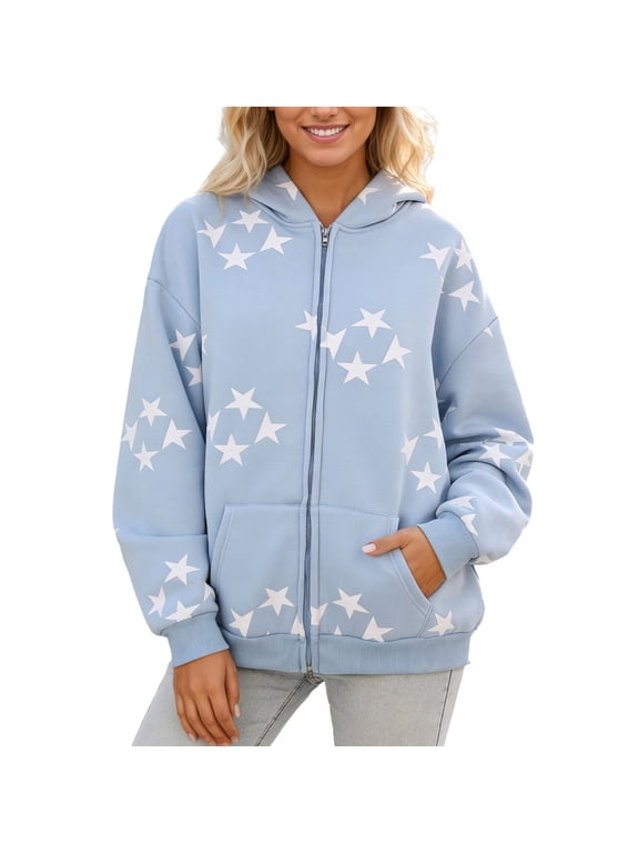 Unisex Star Print Zip Up Hoodie Oversized Pullover Jacket Lined Heavyweight Outerwear Men Women Top Blue