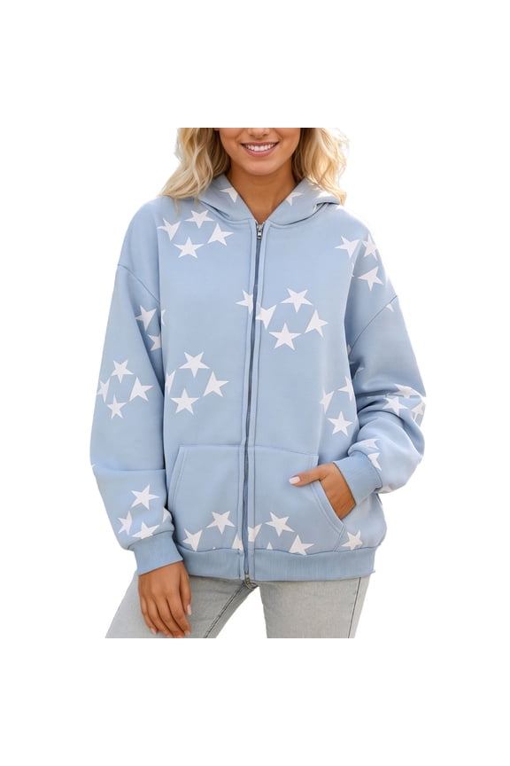 Unisex Star Print Zip Up Hoodie Oversized Pullover Jacket Lined Heavyweight Outerwear Men Women Top Blue