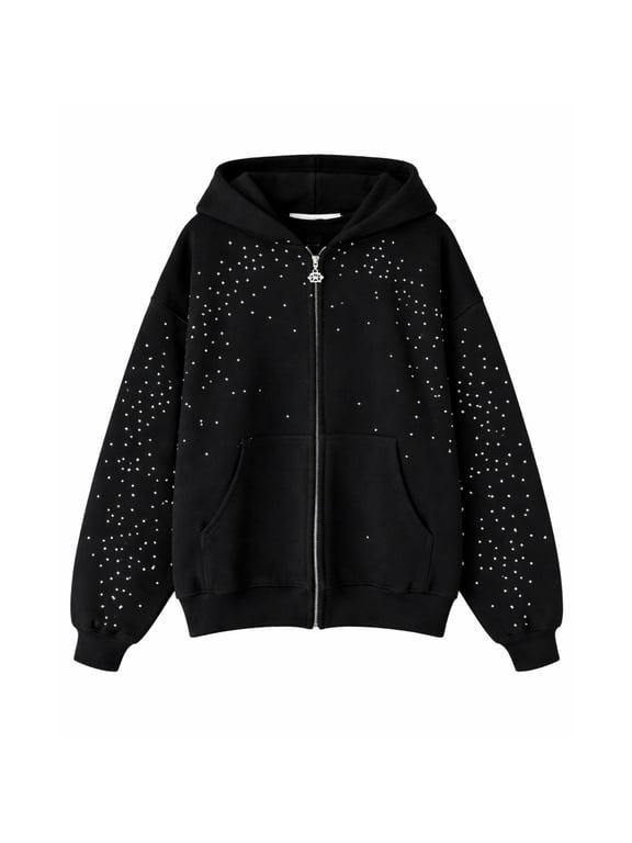 Unisex Star Rhinestone Zip Up Hoodie, Oversized Hooded Sweatshirt with Full Zipper, Sparkly Streetwear Jacket for Casual Wear