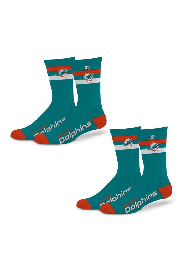 Unisex Starter Miami Dolphins Team Color 2-Stripe 2-Pack Crew Socks Set