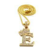Unisex Stone Stud Tilted Crown Letter Initial Micro Pendant 2mm Box Chain Necklace, 20", E, Gold-Tone