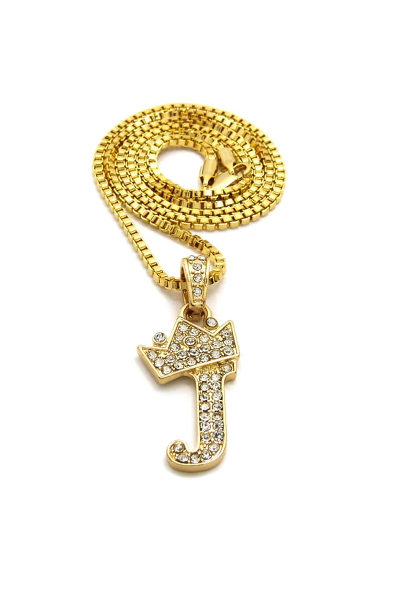 Unisex Stone Stud Tilted Crown Letter Initial Micro Pendant 2mm Box Chain Necklace, 20", J, Gold-Tone