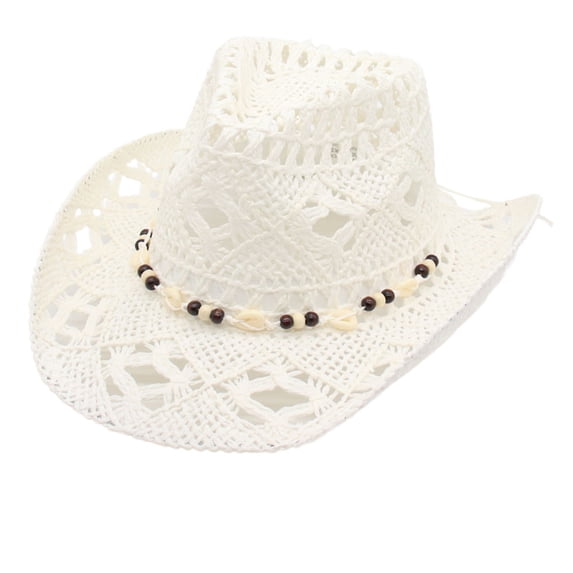 Unisex Straw Cowboy Hat Hollow Out Crochet Hat Shell And Beaded Band Casual Western Style Sun Hat