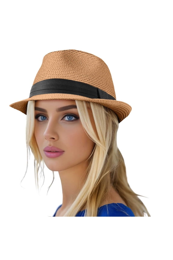 Unisex Straw Fedora Hat Short Brim With Black Ribbon Band Classic Casual Daily Hat