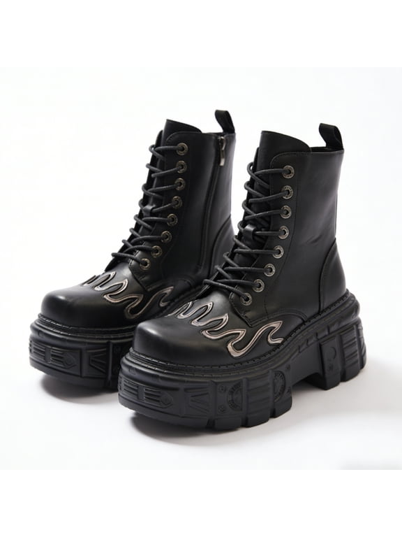 Unisex Style Flame Decoration Round Toe Thick Sole Platform Chunky Heels Men Women Sneakers Large Size Zipper Punk Casual Street Shoes