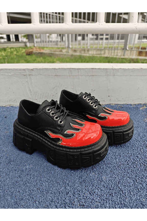 Unisex Style Round Toe Thick Sole Platform Chunky Heels Women Sneakers Lace Up Large Size Pumps Western Punk Casual Street Shoes