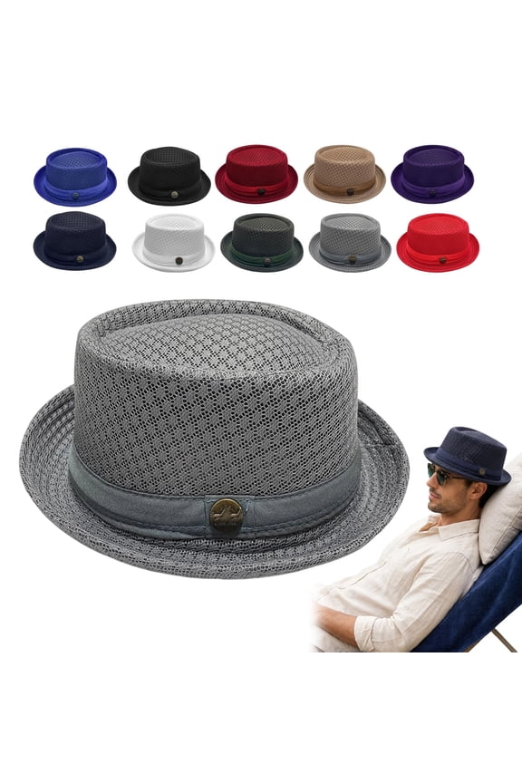 Unisex Summer Breathable Mesh Pork Hat, Mens Summer Hats with Brim, UPF Beach Sun Cap, Vintage Bowler Fedora Hat for Men