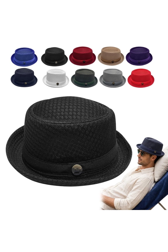 Unisex Summer Breathable Mesh Pork Hat, Mens Summer Hats with Brim, UPF Beach Sun Cap, Vintage Bowler Fedora Hat for Men