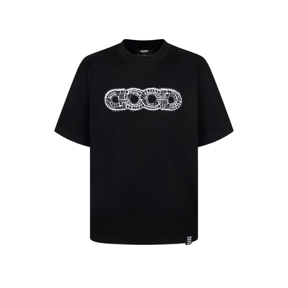 Unisex Summer Cotton T-Shirt Loose Fit GOOD Chain Logo with Contrast Metallic Details, Black, M
