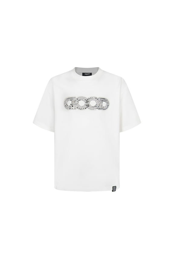 Unisex Summer Cotton T-Shirt Loose Fit GOOD Chain Logo with Contrast Metallic Details, White, S