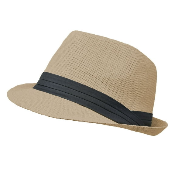 Unisex Summer Fedora Panama Hat Trilby Cuban Straw Sun Hats Short Brim with Black Band Beige