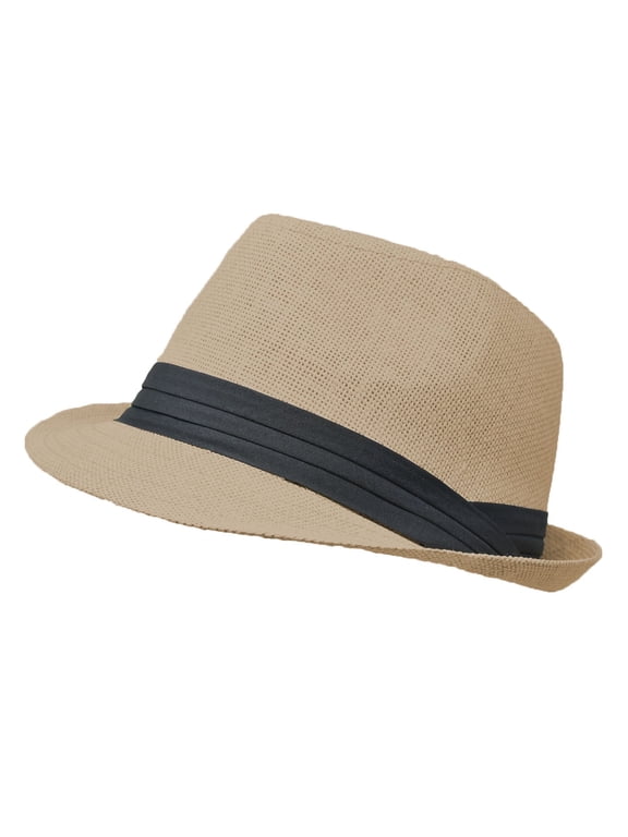 Unisex Summer Fedora Panama Hat Trilby Cuban Straw Sun Hats Short Brim with Black Band Beige