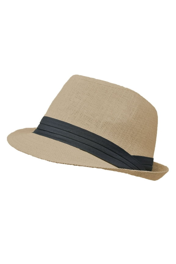 Unisex Summer Fedora Panama Hat Trilby Cuban Straw Sun Hats Short Brim with Black Band Beige