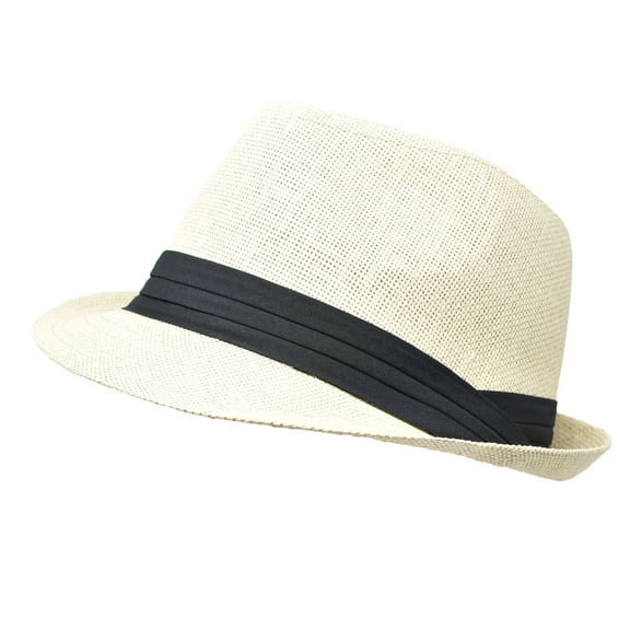 Unisex Summer Fedora Panama Hat Trilby Cuban Straw Sun Hats Short Brim with Black Band Ivory