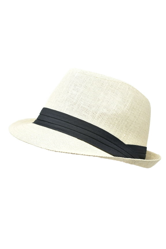 Unisex Summer Fedora Panama Hat Trilby Cuban Straw Sun Hats Short Brim with Black Band Ivory