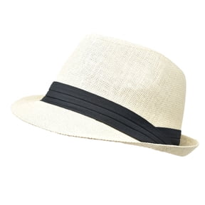 Unisex Summer Fedora Panama Hat Trilby Cuban Straw Sun Hats Short Brim with Black Band Ivory