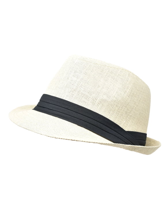 Unisex Summer Fedora Panama Hat Trilby Cuban Straw Sun Hats Short Brim with Black Band Ivory