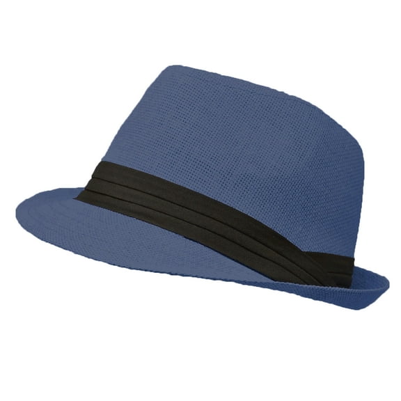 Unisex Summer Fedora Panama Hat Trilby Cuban Straw Sun Hats Short Brim with Black Band Navy