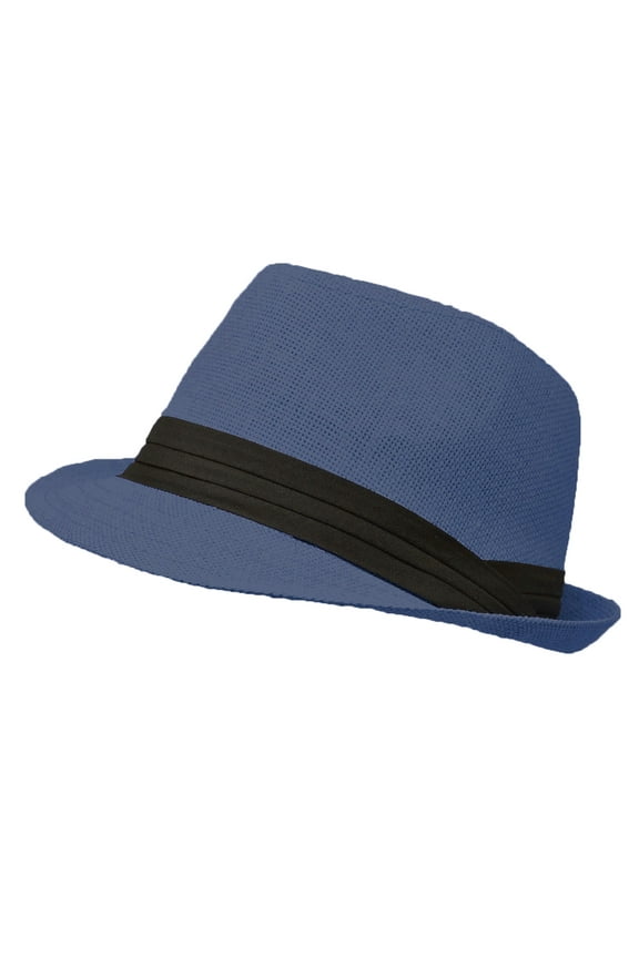 Unisex Summer Fedora Panama Hat Trilby Cuban Straw Sun Hats Short Brim with Black Band Navy