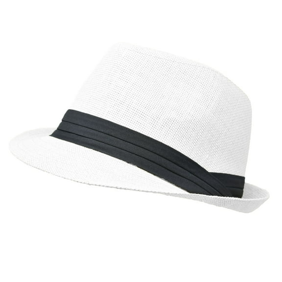Unisex Summer Fedora Panama Hat Trilby Cuban Straw Sun Hats Short Brim with Black Band White
