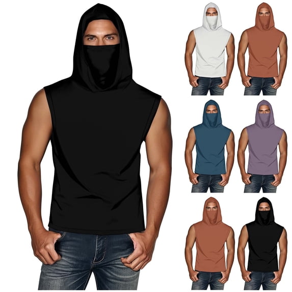Unisex Summer Sleeveless Hooded Ice Silk Sun Protection Top Shirt With Face Mask, Lightweight Breathable Cooling Sunscreen Cool Casual Tops, Beach Vacation Holiday Gift | CSEONE,Black XL