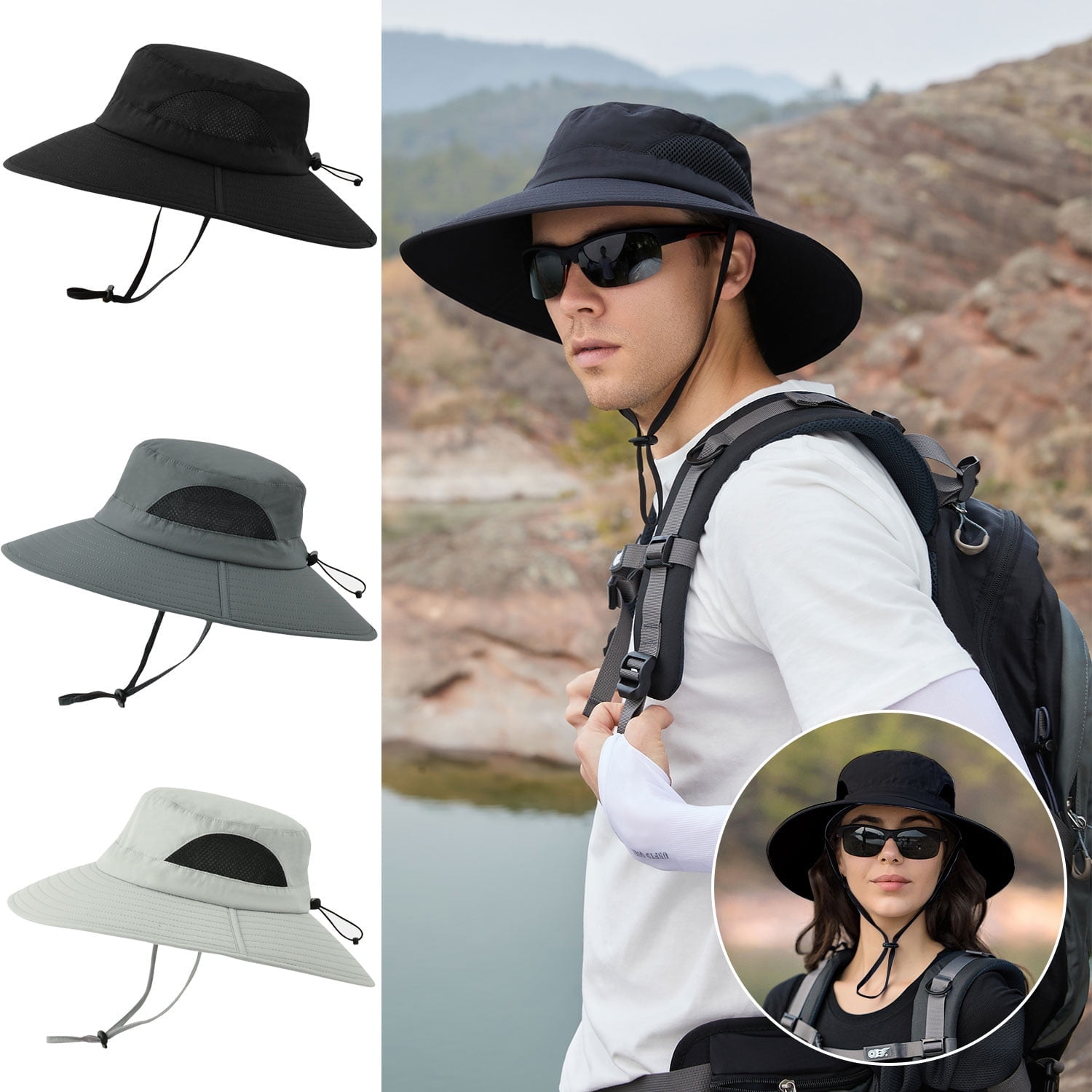 UPF 50+ Wide Brim Packable Waterproof Bucket Sun Hat for Hiking Outdoor Travel Waterproof UPF 50+ Bucket Hat for Women Men - Beige, One  main image 2