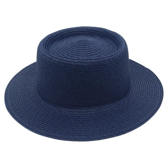 Unisex Sun Hats CQXIDFH Unisex Flat Top Straw Hat, Wide Brim Panama Fedora Bucket Cap, Summer Beach Casual Sun Headwear, Cowboy Hat (Navy, One Size)