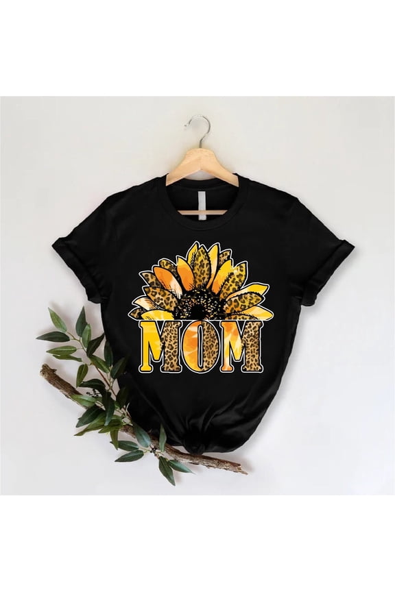 Unisex Sunflower Mom Leopard Floral Mother Day T-Shirt Cotton Graphic Tee-All Size S-5Xl