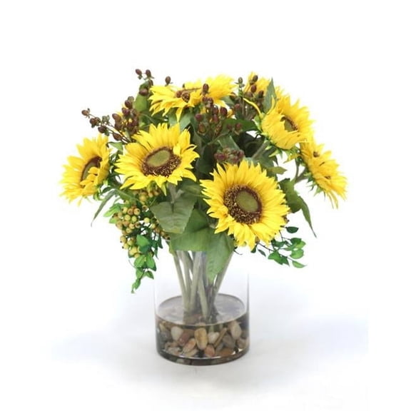 Unisex Sunflowers & Berries in Clear Glass Cylinder - Green