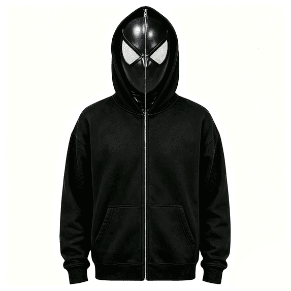Unisex Superhero Zip Up Hoodie, Full Face Mask Hooded Sweatshirt, Graphic Cosplay Costume Jacket with Front Pockets for Halloween Party, Fancy Dress Up & Dress-Up (Black,L)