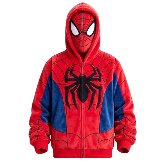 Unisex Superhero Zip Up Hoodie with Full Face Mask, Red Blue Fleece Spider Web Print Graphic Sweatshirt Pocket