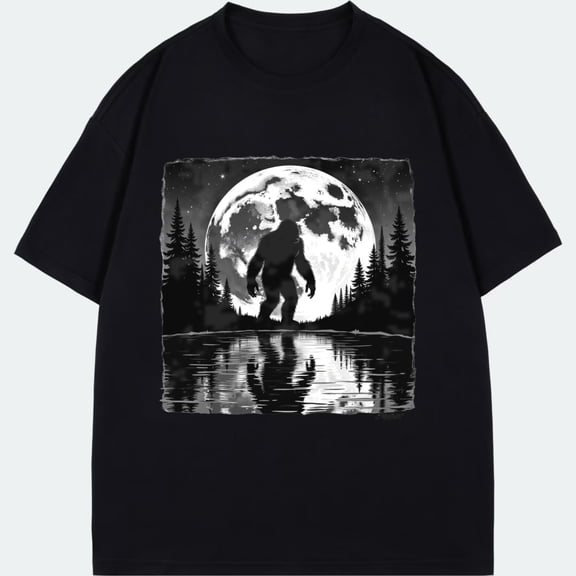 Unisex T Shirt Black Bigfoot Silhouette Moon Forest Reflection Graphic Print Casual Wear Outdoor Adventure Streetwear