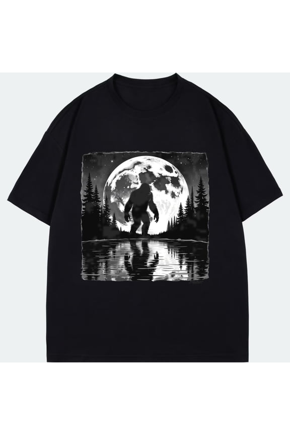 Unisex T Shirt Black Bigfoot Silhouette Moon Forest Reflection Graphic Print Casual Wear Outdoor Adventure Streetwear