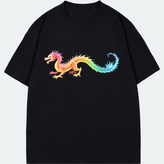 Unisex T Shirt Black Rainbow Dragon Print Casual Wear For Everyday And Festival