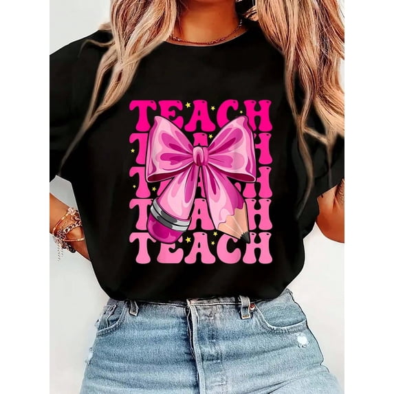 Unisex Teach Coquette Bow Graphic T-Shirt, Cute Teacher Back to School Shirt with Apple and Pencil Design, 100% Cotton Crew Neck Short Sleeve Tee, Gift for Teachers